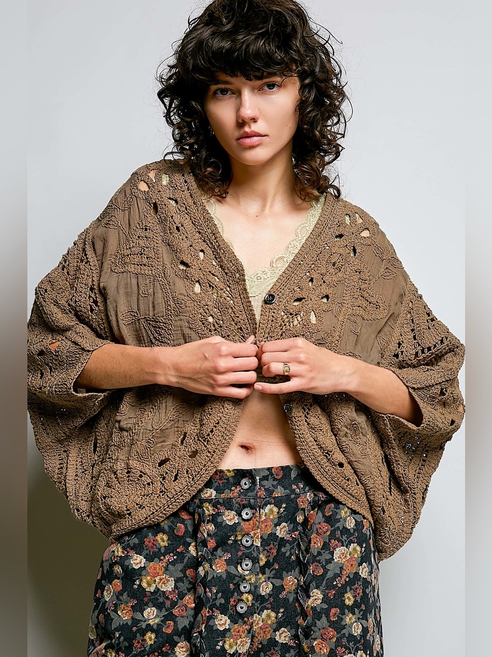P88. POL Brown Crocheted V-Neck Sweater Cardigan
